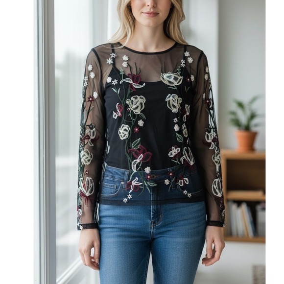 gimmicks by BKE Tops - Gimmicks‎ by BKE Black Sheer Mesh Floral Embroidered Top L-Romantic Goth